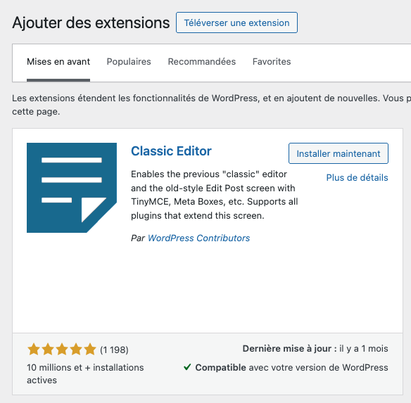 wp extensions 2 classic editor